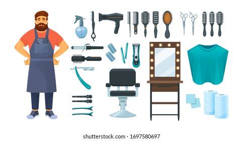 Artículos de la barbería. Barbería barbudo, utensilios de peluquería profesional, accesorios. Razor, peine, tijeras, espejo, silla, ventilador de brocha acondicionador de champú vectorial ilustración de caricatura