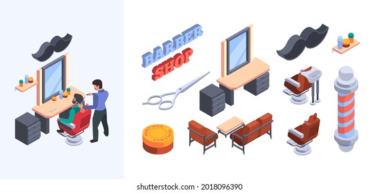 Barbershop items. Hairdressing furniture beauty salon accessories razor chairs hair brush for stylists garish vector isommetric colored set