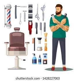 Barbershop items or icons, accessories. Man barber or hipster with beard and mustache, chair and barber pole, scissors and shaving foam, razor and hairbrush. Stylist and hairdresser saloon, shaver