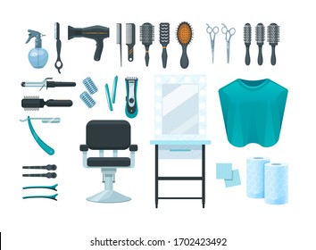Barbershop items. Professional shaving hairdresser tools, accessories. Razor, comb, scissors, mirror, chair, brush fan shampoo conditioner vector cartoon illustration