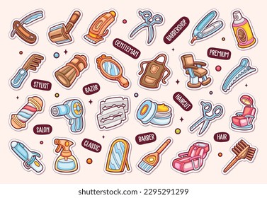 Barbershop Items Sticker Icons Hand Drawn Coloring Vector