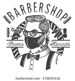 Barbershop Label with a Barber in the mask amid Covid-19. Vector Illustration