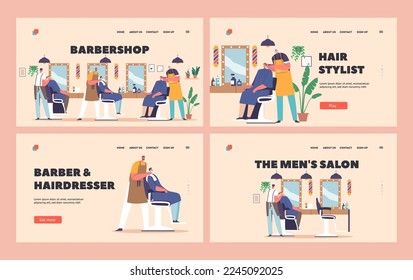 Barbershop Landing Page Template Set. Male Characters Visit Barber Shop for Haircut. Hairdresser Serving Clients In Men Beauty Salon. Customers in Parlor Interior. Cartoon People Vector Illustration
