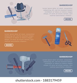 Barbershop Landing Page Templates with Hairdresser Professional Tools Set, Hairdressing Salon, Hair Studio Service Website Interface Vector Illustration
