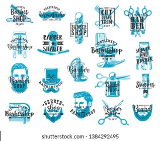 Barbershop lettering icons, mustaches and beard shaving salon signs. Vector calligraphy lettering, gentlemen baber shop or hipster hairdresser pole, razor scissors and trimmer or barbershop clipper