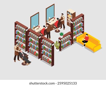 Barbershop and Library Hybrid Space 3d flat vector illustrations