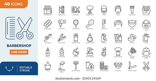 Conjunto de iconos editables de línea Barbershop. Iconos de peluquería, conjunto de iconos vectoriales de peluquería. Contiene el símbolo de la cortadora, poste de barbero, peine, hoja de afeitar, silla, rociador, pomada, secador de pelo, cepillo, y más.