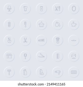 barbershop line gray icons on round rubber buttons. barbershop icon set for web, mobile apps, ui design and promo business polygraphy