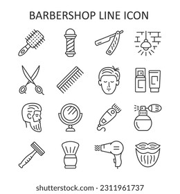 Barbershop line icon set. Equipment for shaving and haircut. Scissors, razor, hairbrush, mirror, cologne flat vector sign. 