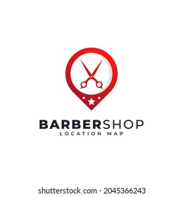 Barbershop Location Logo Template Design. Map Pin Combined with Scissors Icon Vector Illustration