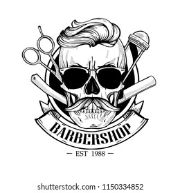 Barbershop logo, angry sticker with skull