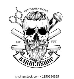 Barbershop logo, angry sticker with skull