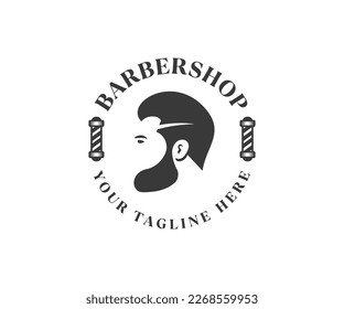 Barbershop Logo with barber pole. Beard shave men hairdresser, haircut barber shop logo design. Barber shop symbol. Barber shop label, badge, or emblem, vector design and illustration.

