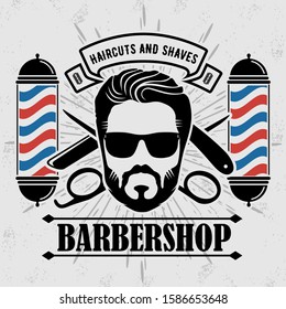 Barbershop Logo with barber pole and bearded men in vintage style. Vector template