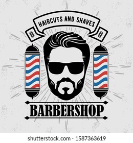 Barbershop Logo with barber pole and bearded men in sunglasses. Vector template