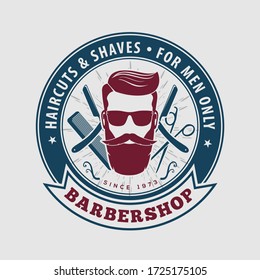 Logo de Barbershop con barra de barbero y hombres con gafas de sol. Plantilla de vector
