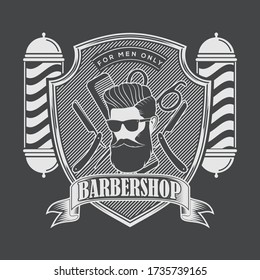 Barbershop Logo with barber pole and bearded men in vintage style. Vector template