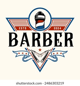 Barbershop logo. barber pole, razor with decorative frame, for barber shop, hair cutting salon. Vector illustration