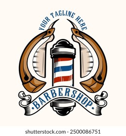 Logo de barbería. poste de barbero, navaja de afeitar en marco ornamental, con estilo vintage, perfecto para barbería, salón de corte de pelo. Ilustración vectorial