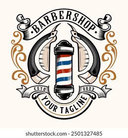 Barbershop logo. barber pole, razor in decorative ornamental frame, with vintage style, perfect for barber shop, salon. Vector illustration