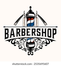 Barbershop logo. barber pole, razor with decorative frame, for barber shop, hair cutting salon. Vector illustration