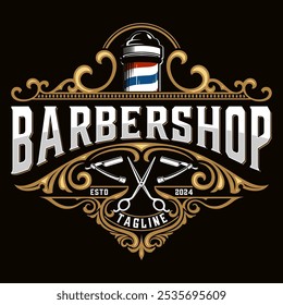 Logotipo da barbearia. vara de barbeiro, navalha com armação decorativa, para barbearia, salão de corte de cabelo. Ilustração vetorial