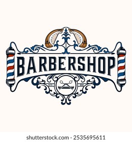 Logotipo da barbearia. vara de barbeiro, navalha com armação decorativa, para barbearia, salão de corte de cabelo. Ilustração vetorial