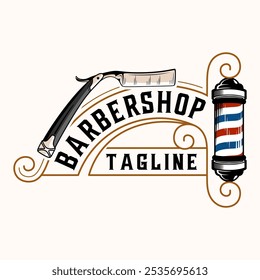 Barbershop logo. barber pole, razor with decorative frame, for barber shop, hair cutting salon. Vector illustration