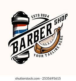 Barbershop logo. barber pole, razor with decorative frame, for barber shop, hair cutting salon. Vector illustration