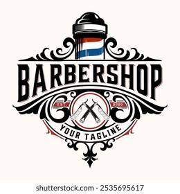 Barbershop logo. barber pole, razor with decorative frame, for barber shop, hair cutting salon. Vector illustration