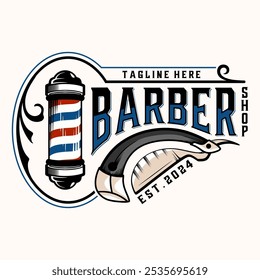 Barbershop logo. barber pole, razor with decorative frame, for barber shop, hair cutting salon. Vector illustration