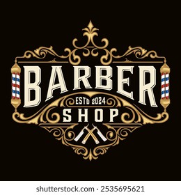 Logotipo da barbearia. vara de barbeiro, navalha com armação decorativa, para barbearia, salão de corte de cabelo. Ilustração vetorial