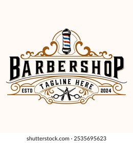 Barbershop logo. barber pole, razor with decorative frame, for barber shop, hair cutting salon. Vector illustration