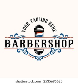 Barbershop logo. barber pole, razor with decorative frame, for barber shop, hair cutting salon. Vector illustration