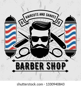 Barbershop Logo with barber pole in vintage style. Vector template