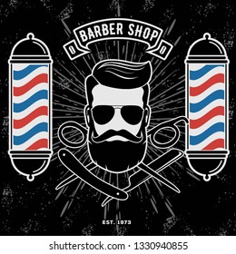 Barbershop Logo with barber pole in vintage style. Vector template