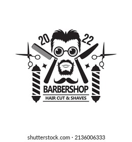 Barbershop Logo with barber pole in vintage style. Vector template