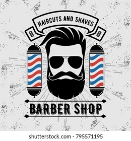 Barbershop Logo with barber pole in vintage style. Vector template
