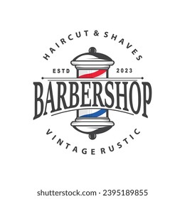 Logo de Barbershop, vector de tijeras de barbero, adorno de tipografía antigua retro de diseño