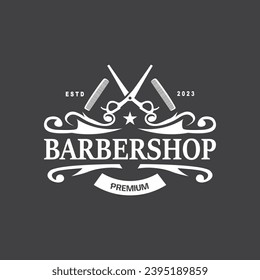 Barbershop Logo, Barber Scissors Vector, Old Design Retro Vintage Typography Ornament