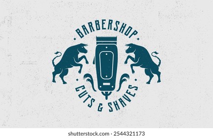 Logotipo da Barbearia. Logotipo da barbearia com silhuetas de touro e clipper. Cartaz vintage para barbearia. Impressão retrô para salão de corte de cabelo, camiseta, tipografia. Modelo de gráfico vetorial