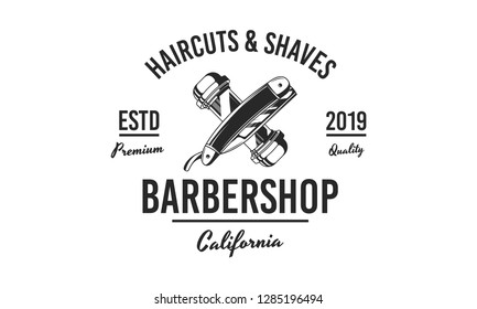 Barbershop logo. Barber shop logo with razor and pole. Vintage poster for barber shop. Retro print for Haircut's salon, T-shirt, typography. Vector graphic template