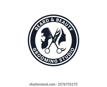 Barbershop Logo - Circular Emblem Design for Salon and Grooming Studio Featuring Beard Man, Long-Haired Woman Silhouettes and Scissors Icon Representing Haircuts, Shaving, Styling, Beauty Services