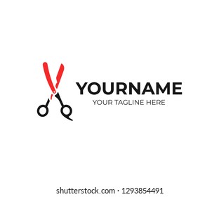 Barbershop logo design. Barber blade and scissors vector design. Hairdressing salon logotype