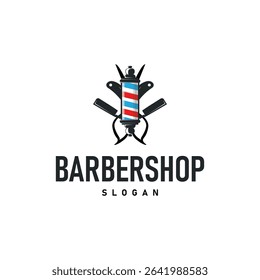 barbershop logo design concept of a barber shop with a vintage retro concept of scissors and razors also a cool and minimalist barbershop tube icon illustration of a symbol template