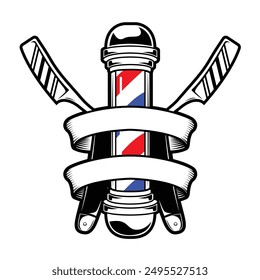 Diseño de logo de barbería. Barbería poste y cuchillo de afeitar con Anuncio en blanco. Elementos para el logotipo, etiqueta, emblema, muestra, insignia.	
 