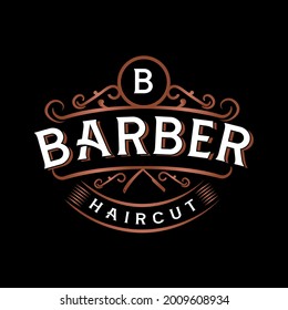 Barbershop logo design. Vintage lettering illustration on dark background. All objects, text are on the separate groups.