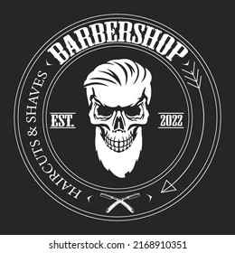 Barbershop Logo Design. Vintage Lettering On A Dark Background With A Skull. All Objects, Text Are In Separate Groups.