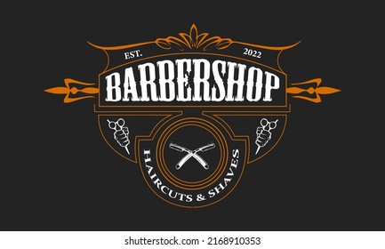 Barbershop logo design. Vintage lettering on a dark background with a skull. All objects, text are in separate groups.