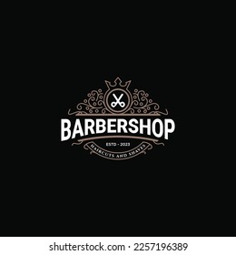 Barbershop logo design. Vintage lettering illustration on dark background flat vector